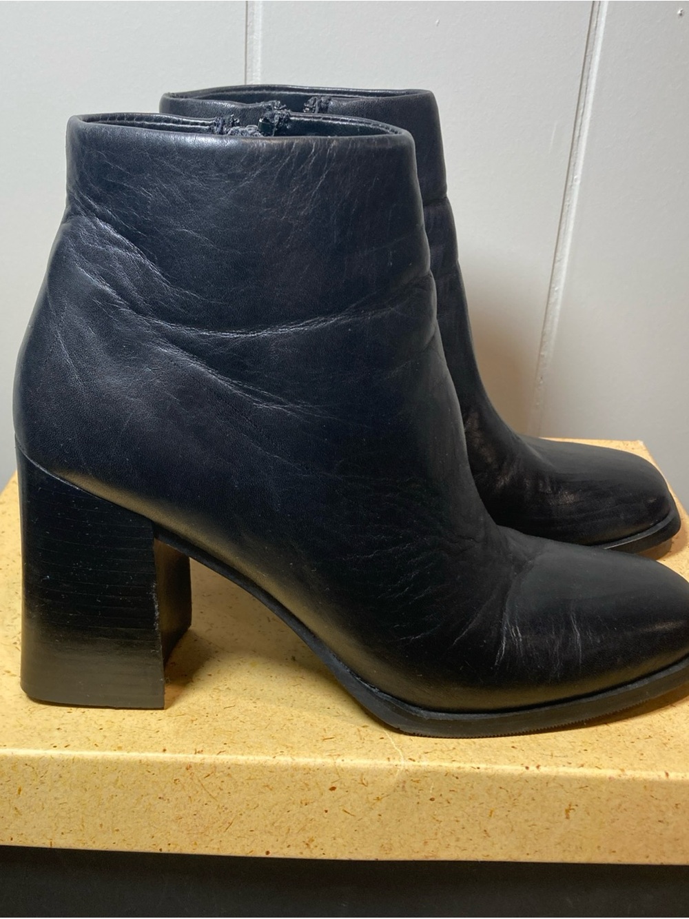 Apostrophe Black Leather Block Heel Ankle Boots